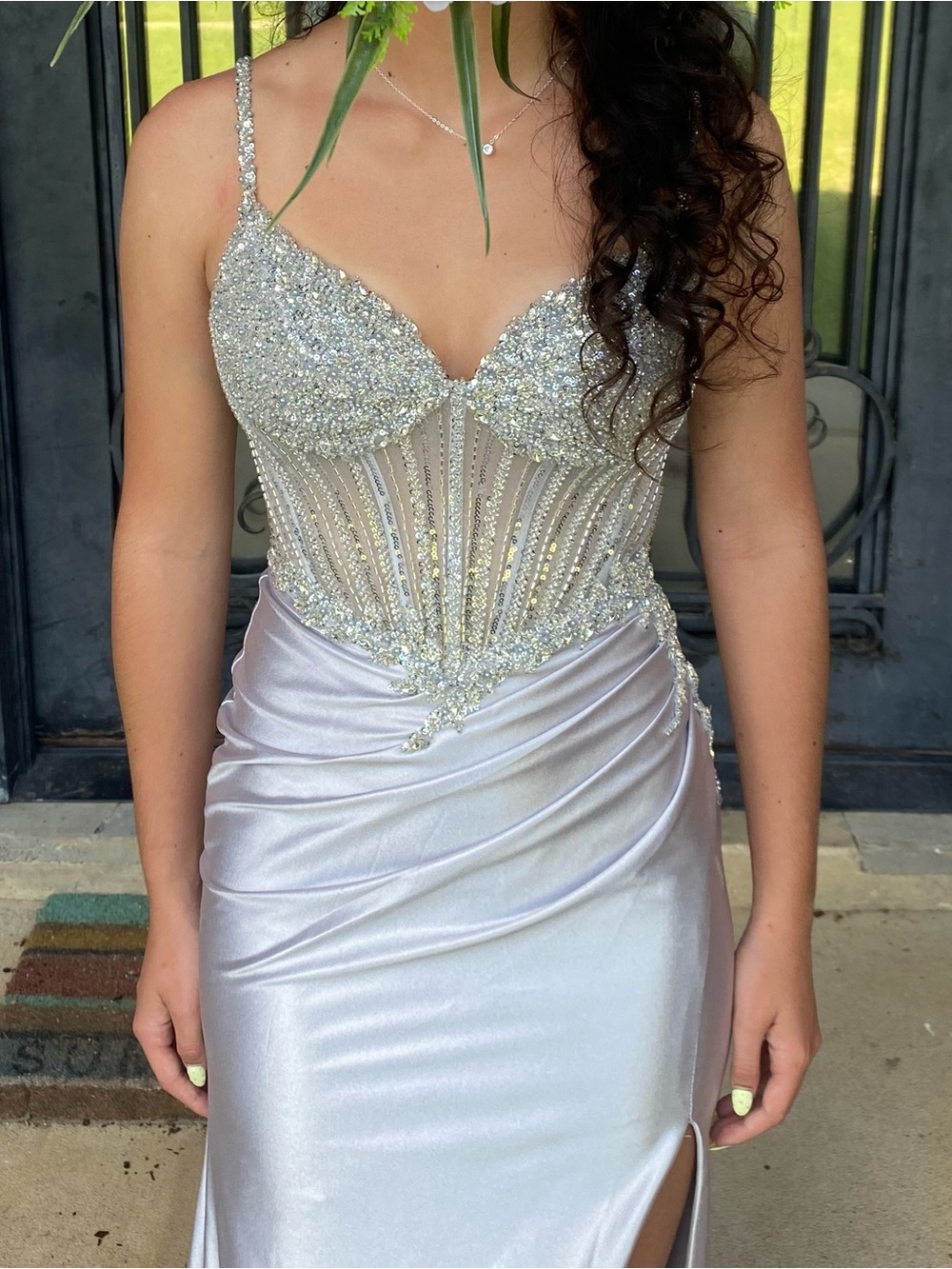Silver Beaded Corset Prom Dress